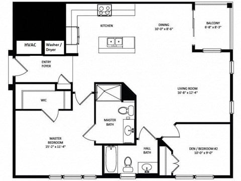 Floor plan for 2 beds, 2 baths, 1045 sqft
